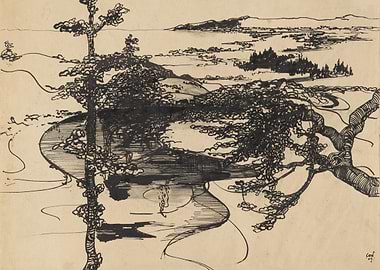 Ink drawing of a serene lake landscape