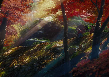 Anime characters in a sunlit forest
