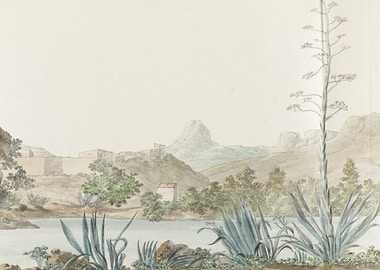 Watercolor Landscape with Village and Agave