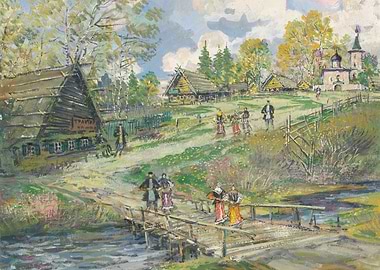 Rural Village Scene with People