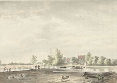 Pastoral River Scene with Ferry and Livestock