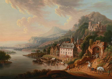 River town with castle and ruins