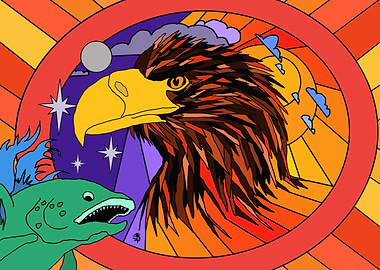 Eagle and Salmon in stained glass style Landscape