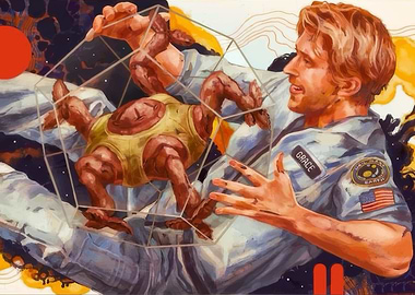 Astronaut with alien in geometric cage