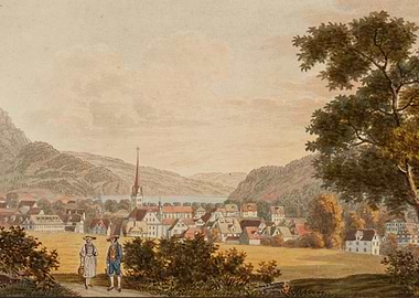 Village scene with figures and lake