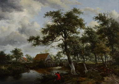 Hunter by a Watermill Landscape