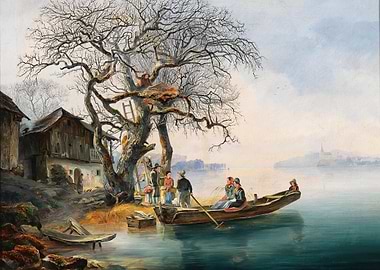 Winter Scene with Boat and Village