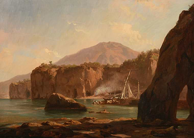 Coastal Scene with Boats and Mountains