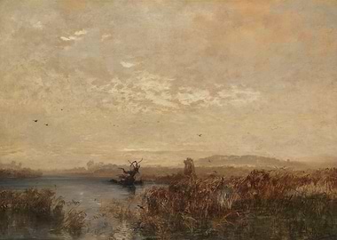 Misty Wetland Landscape with Birds