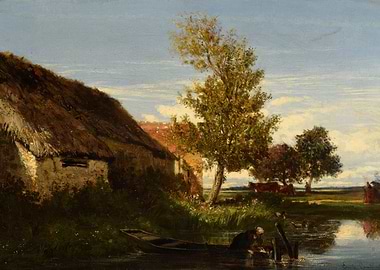 Rural Scene with Thatched Cottage and River