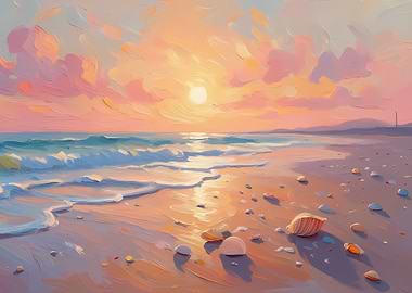 Impressionistic Beach Sunset with Seashells