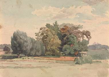 Watercolor Landscape with Trees and Clouds