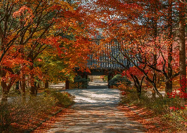 Autumn path to Korean temple gate