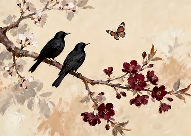 Birds and Butterfly on Cherry Blossoms