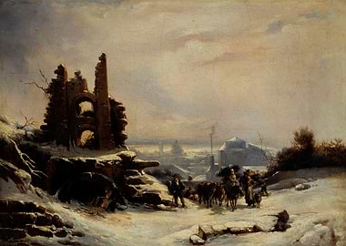 Winter Ruin Landscape with Travelers