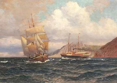 Sailing Ship and Steamer near Coast