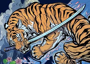 Tiger with Katana and Water Lilies
