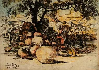 Oaxaca Market Scene with Pottery