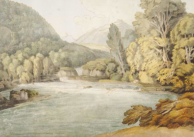 Watercolor Landscape of a River and Forest