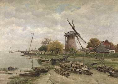 Dutch Landscape with Windmill and Boats