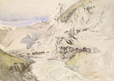 Alpine Village with River and Mountain