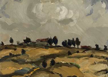 Impressionistic Landscape with Rolling Hills and Clouds