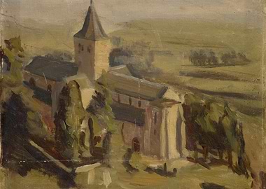 Impressionist painting of a church and landscape