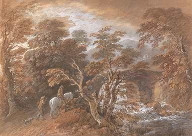 Hunters on horseback in a forest landscape