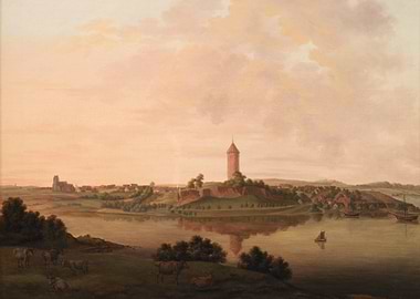Seascape painting of a coastal town with a tower