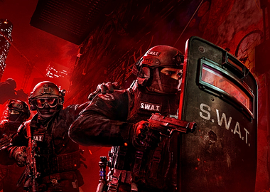 SWAT team in red-lit urban environment