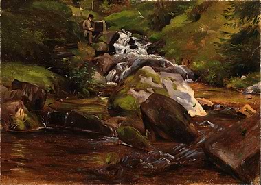 Artist painting a forest stream