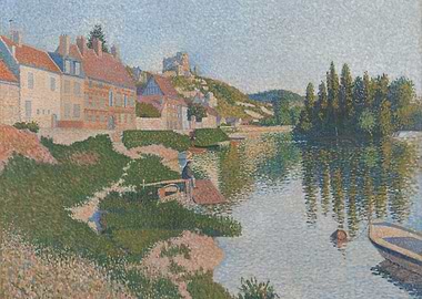 Pointillist River Landscape with Buildings