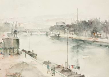Watercolor painting of a river scene