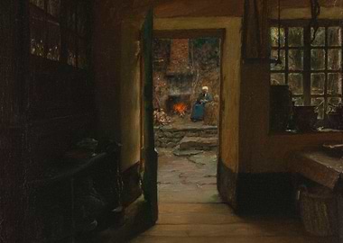 Interior scene with a woman by a fireplace