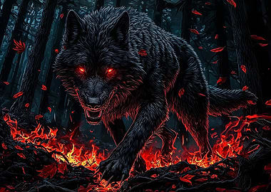 Black Wolf with Glowing Red Eyes in Fiery Forest