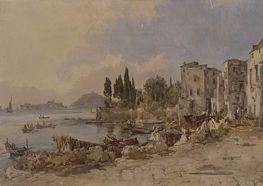 Coastal Town with Boats and Castle