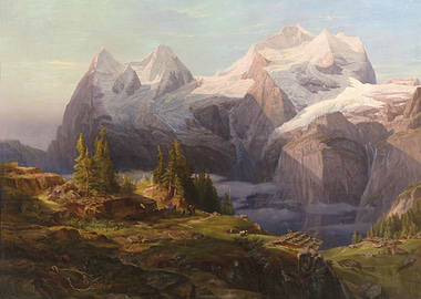 Alpine Landscape with Glaciers and Village