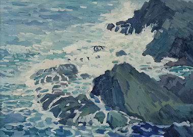 Waves crashing on rocky shore