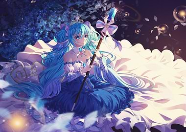 Anime Girl with Blue Hair and Staff