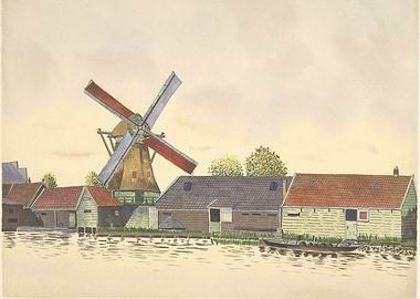 Dutch Windmill and Canal Scene