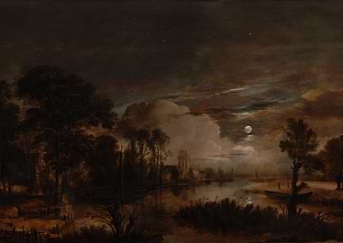 Moonlit River Landscape with Village