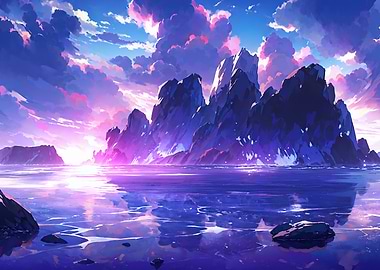 Anime Landscape with Mountains and Ocean