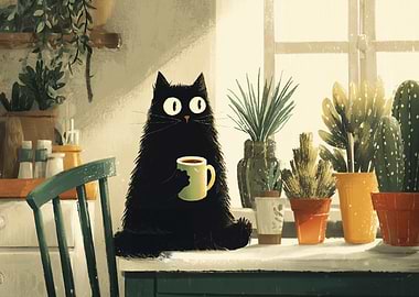Black Cat with Coffee and Houseplants