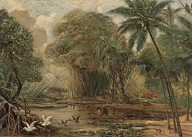 Jungle River Scene with Wildlife
