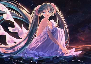 Anime Girl in Flowing Dress Under Stars
