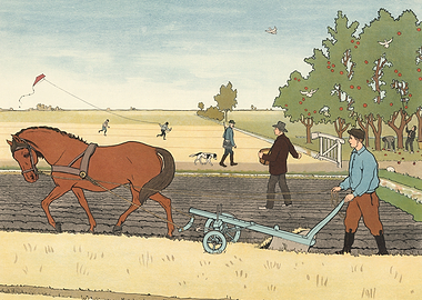 Rural scene with horse-drawn plow