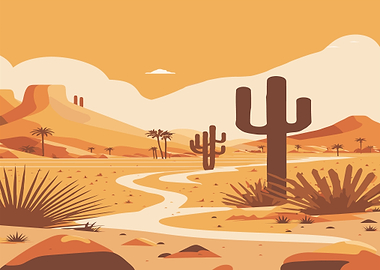 Desert Landscape with Cacti and Mountains