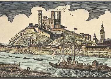 Riverfront Cityscape with Castle and Steamboat