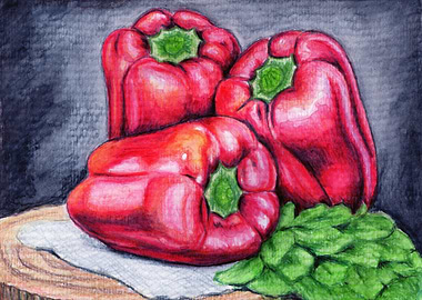 Three Red Bell Peppers with Greens