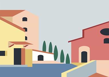Minimalist Mediterranean Village Scene